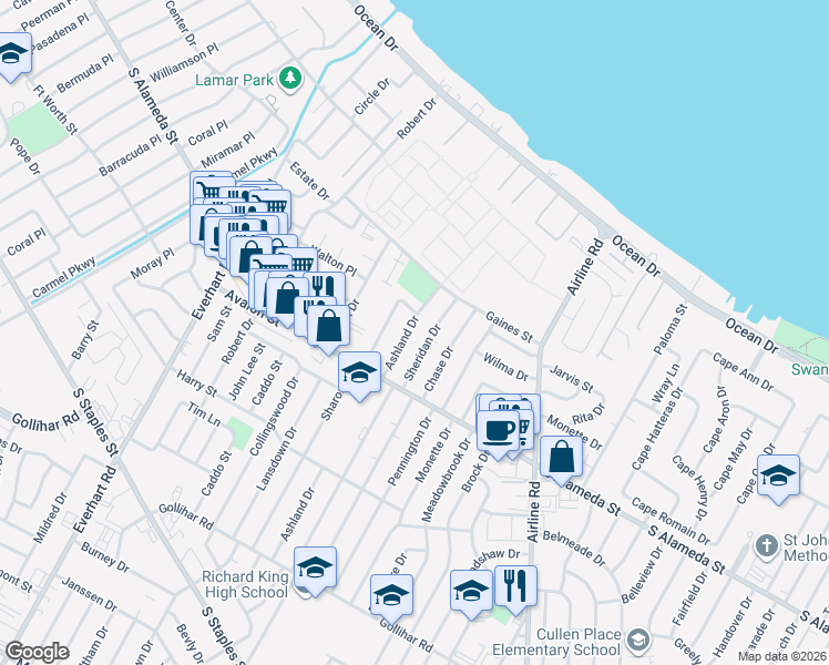 map of restaurants, bars, coffee shops, grocery stores, and more near 433 Ashland Drive in Corpus Christi