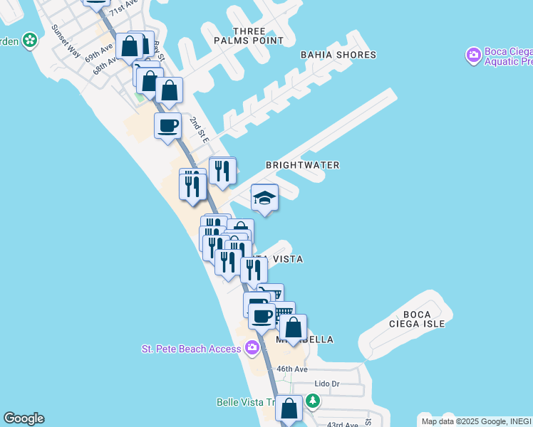 map of restaurants, bars, coffee shops, grocery stores, and more near 5400 Aloha Drive in St. Pete Beach