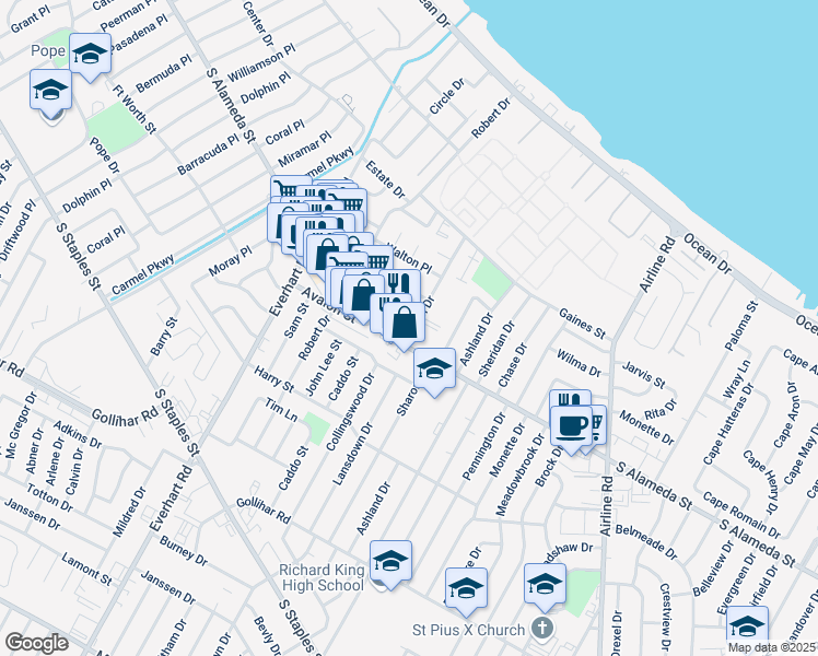 map of restaurants, bars, coffee shops, grocery stores, and more near 4368 South Alameda Street in Corpus Christi