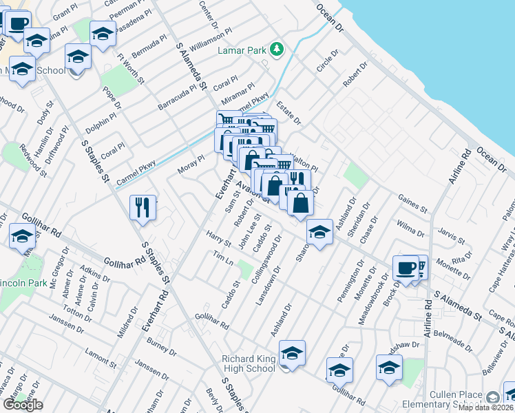 map of restaurants, bars, coffee shops, grocery stores, and more near 4310 Gertie St in Corpus Christi