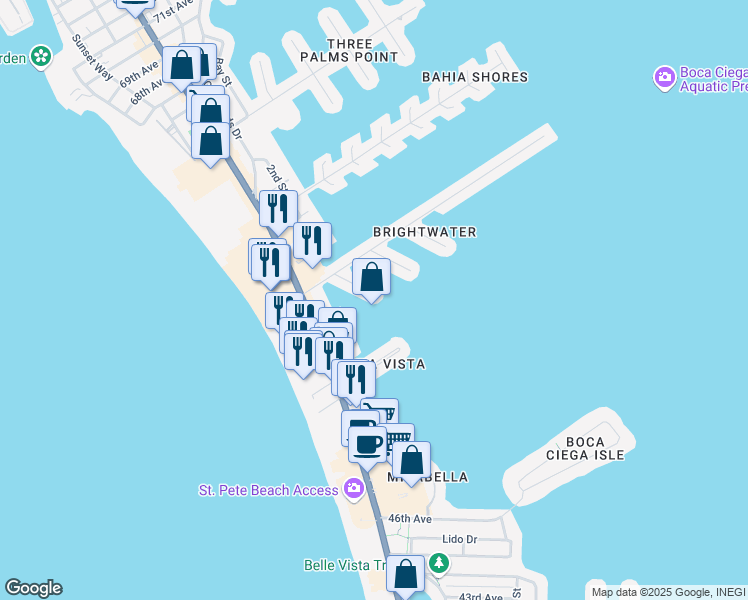 map of restaurants, bars, coffee shops, grocery stores, and more near 5400 Aloha Drive in Saint Pete Beach