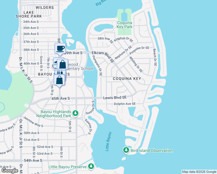 map of restaurants, bars, coffee shops, grocery stores, and more near 4400 Neptune Drive Southeast in St. Petersburg