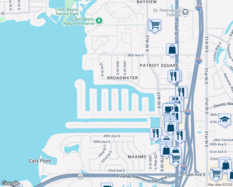 map of restaurants, bars, coffee shops, grocery stores, and more near 4342 40th Street South in St. Petersburg