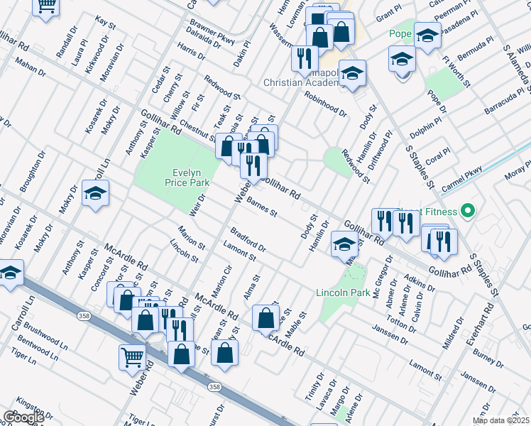 map of restaurants, bars, coffee shops, grocery stores, and more near 4033 Barnes Street in Corpus Christi