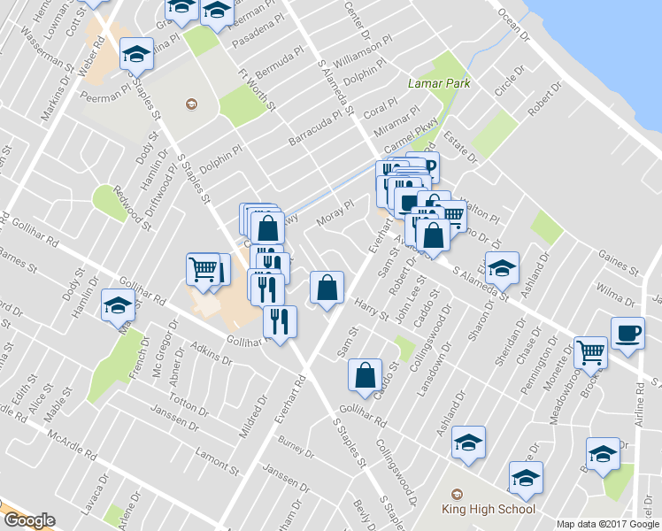 map of restaurants, bars, coffee shops, grocery stores, and more near 4134 Harry Street in Corpus Christi