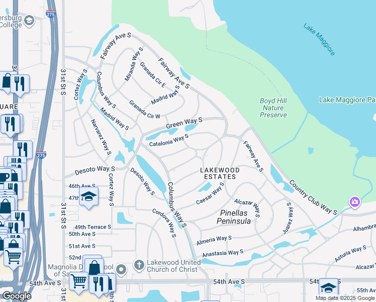 map of restaurants, bars, coffee shops, grocery stores, and more near 2300 Covina Way South in Saint Petersburg