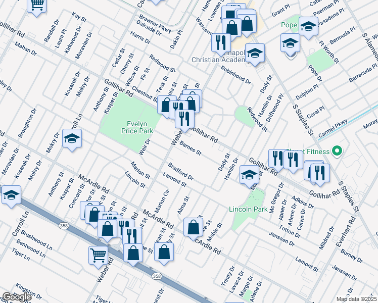 map of restaurants, bars, coffee shops, grocery stores, and more near 4033 Barnes Street in Corpus Christi