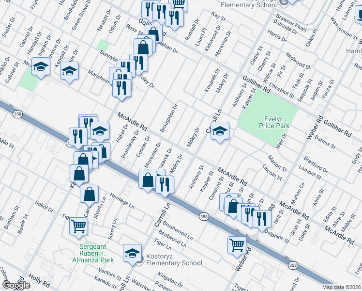 map of restaurants, bars, coffee shops, grocery stores, and more near 4902 Kosarek Drive in Corpus Christi