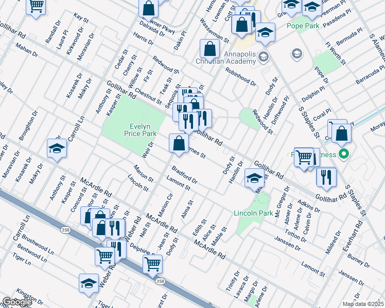 map of restaurants, bars, coffee shops, grocery stores, and more near 4033 Barnes Street in Corpus Christi