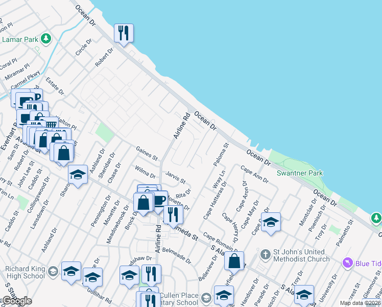map of restaurants, bars, coffee shops, grocery stores, and more near 23 Camden Place in Corpus Christi