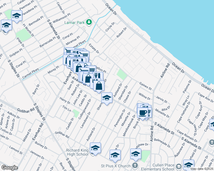 map of restaurants, bars, coffee shops, grocery stores, and more near 446 Sharon Drive in Corpus Christi