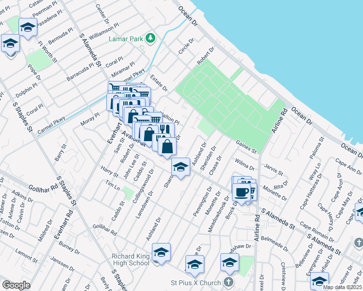 map of restaurants, bars, coffee shops, grocery stores, and more near 446 Sharon Drive in Corpus Christi
