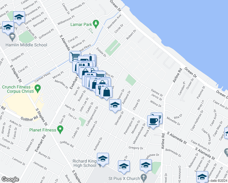 map of restaurants, bars, coffee shops, grocery stores, and more near 459 Eldon Drive in Corpus Christi