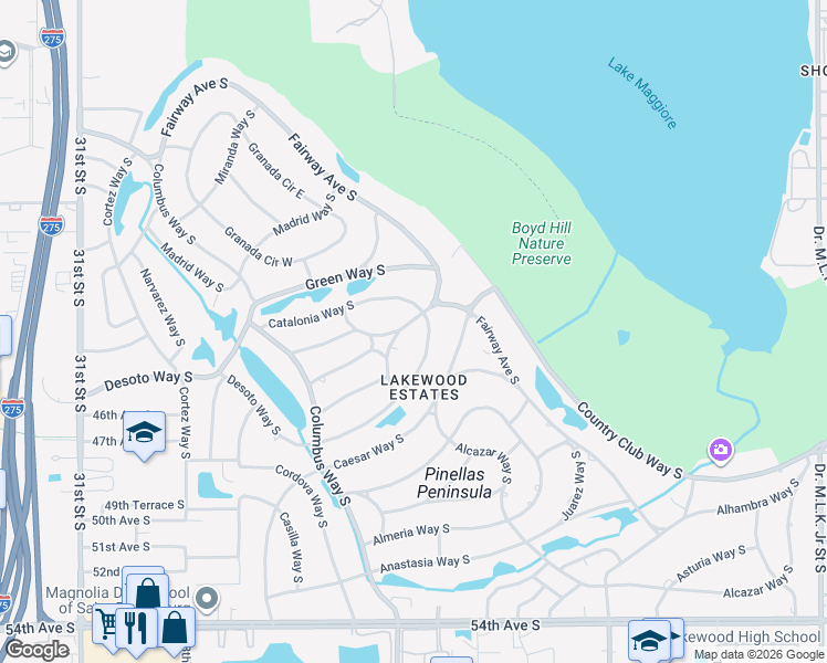 map of restaurants, bars, coffee shops, grocery stores, and more near 2120 Coronada Way South in St. Petersburg