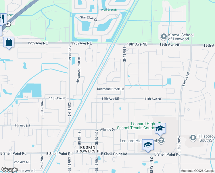 map of restaurants, bars, coffee shops, grocery stores, and more near 1603 Redmond Brook Lane in Ruskin
