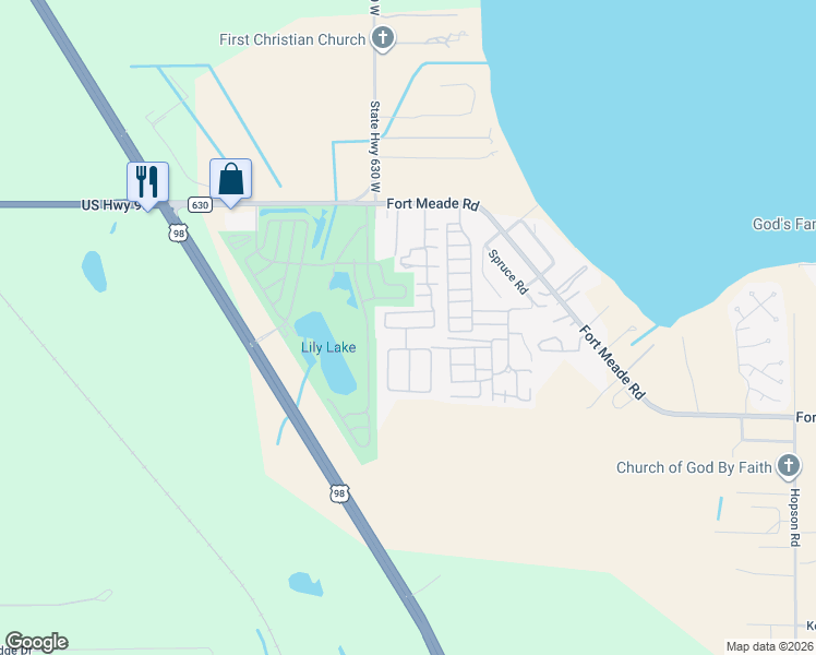 map of restaurants, bars, coffee shops, grocery stores, and more near 648 Sunset Circle in Frostproof