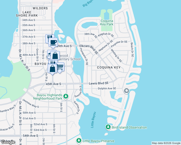 map of restaurants, bars, coffee shops, grocery stores, and more near 4400 Neptune Drive Southeast in St. Petersburg