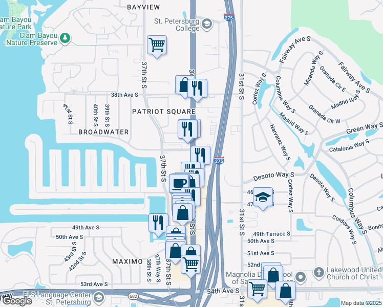 map of restaurants, bars, coffee shops, grocery stores, and more near 4241-4253 34th Street South in Saint Petersburg
