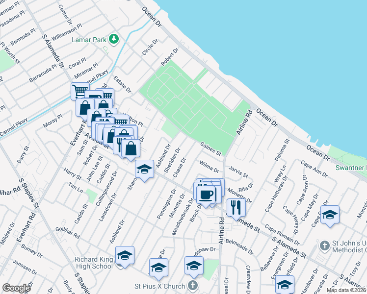 map of restaurants, bars, coffee shops, grocery stores, and more near 418 Chase Drive in Corpus Christi