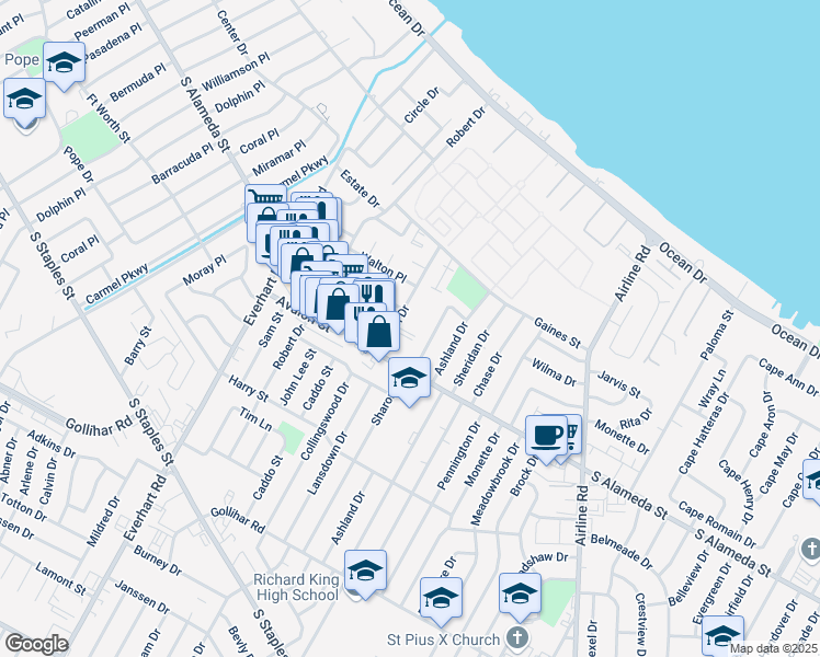 map of restaurants, bars, coffee shops, grocery stores, and more near 446 Sharon Drive in Corpus Christi