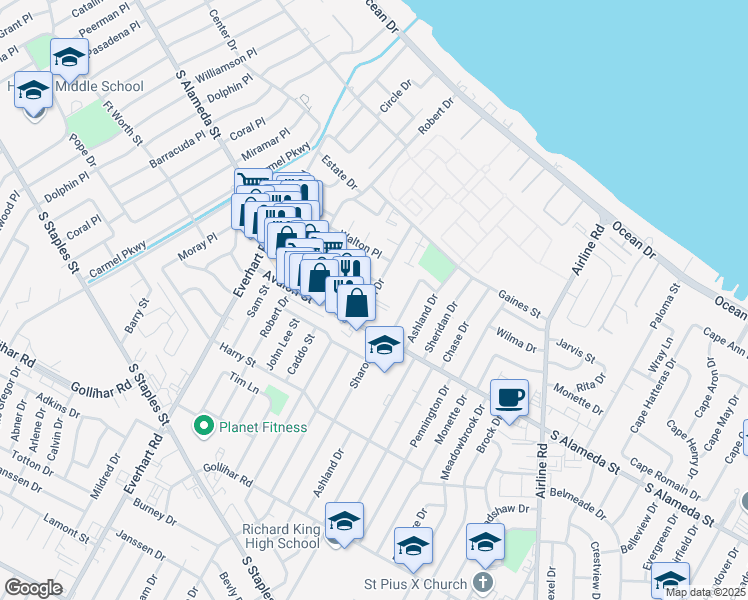 map of restaurants, bars, coffee shops, grocery stores, and more near 4368 South Alameda Street in Corpus Christi