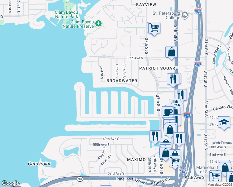 map of restaurants, bars, coffee shops, grocery stores, and more near 4342 40th Street South in St. Petersburg