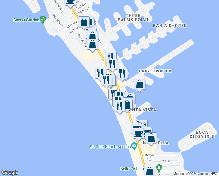 map of restaurants, bars, coffee shops, grocery stores, and more near 5500 Gulf Boulevard in St. Pete Beach