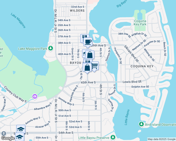 map of restaurants, bars, coffee shops, grocery stores, and more near 4314 6th Street South in St. Petersburg