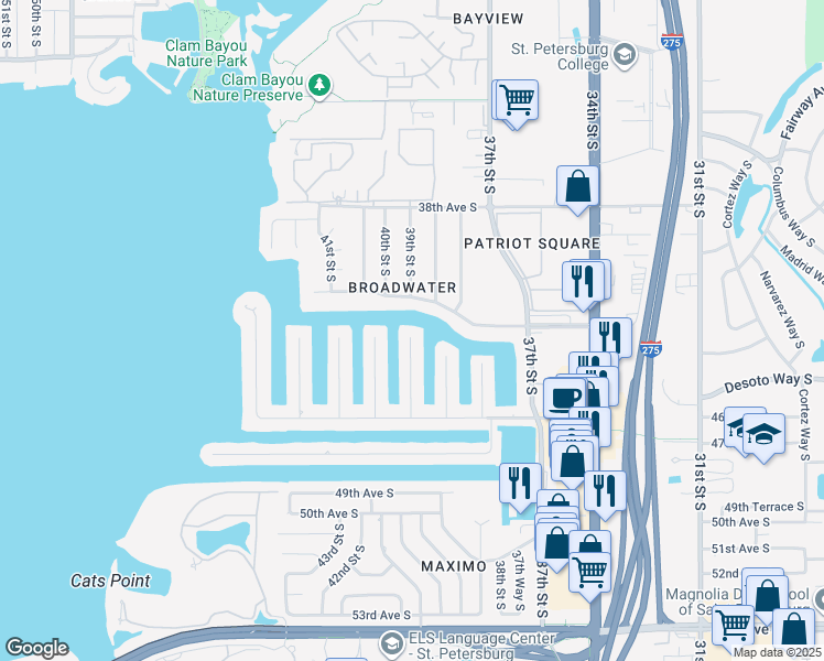 map of restaurants, bars, coffee shops, grocery stores, and more near 4340 39th Street South in St. Petersburg