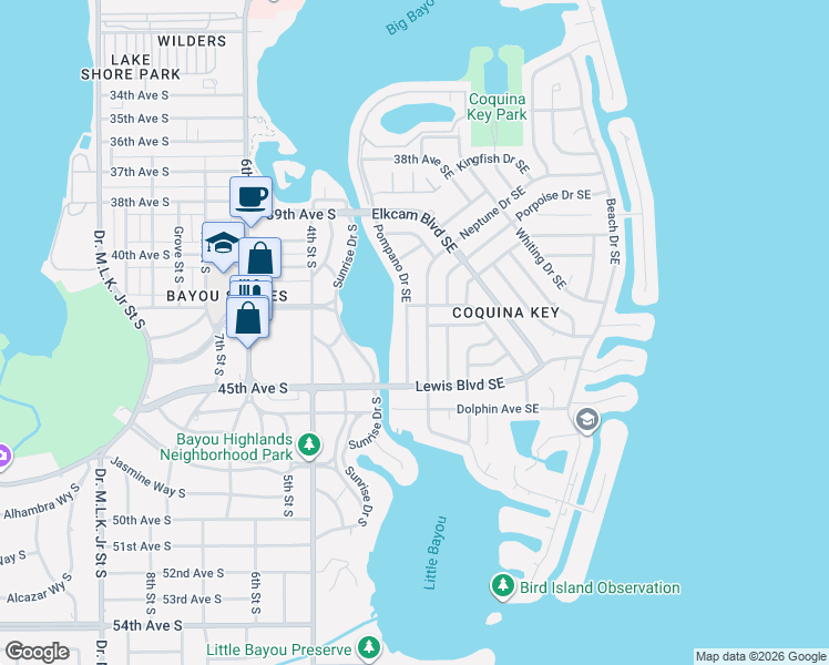 map of restaurants, bars, coffee shops, grocery stores, and more near 4397 Pompano Drive Southeast in St. Petersburg