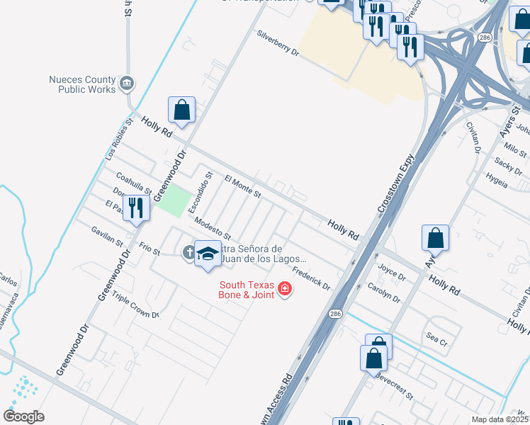 map of restaurants, bars, coffee shops, grocery stores, and more near 5701 Arboleda Lane in Corpus Christi