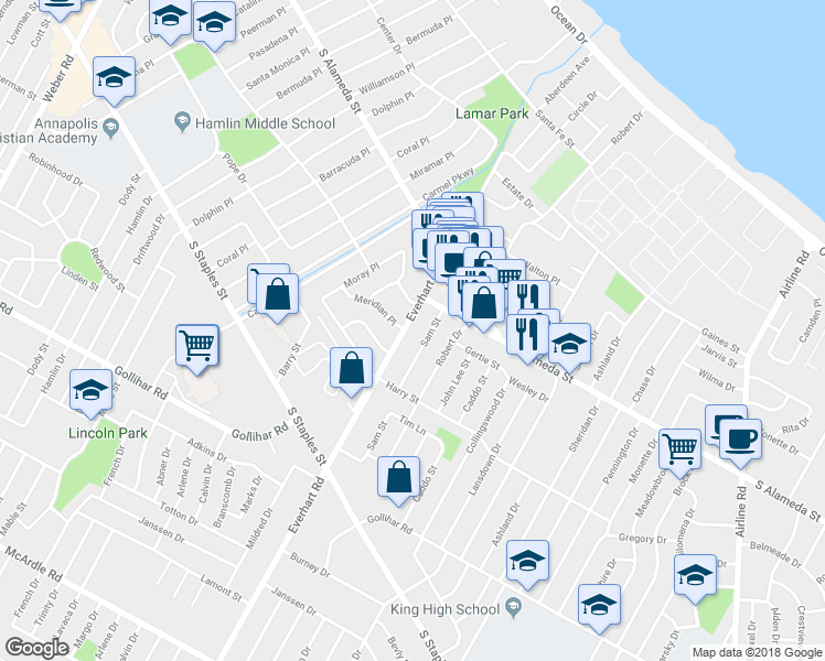 map of restaurants, bars, coffee shops, grocery stores, and more near 625 Everhart Road in Corpus Christi
