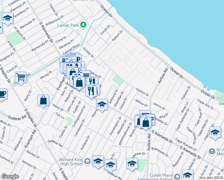 map of restaurants, bars, coffee shops, grocery stores, and more near 433 Ashland Drive in Corpus Christi
