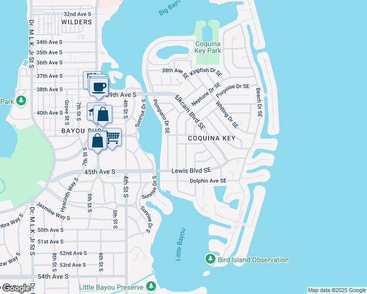 map of restaurants, bars, coffee shops, grocery stores, and more near 4400 Neptune Drive Southeast in St. Petersburg