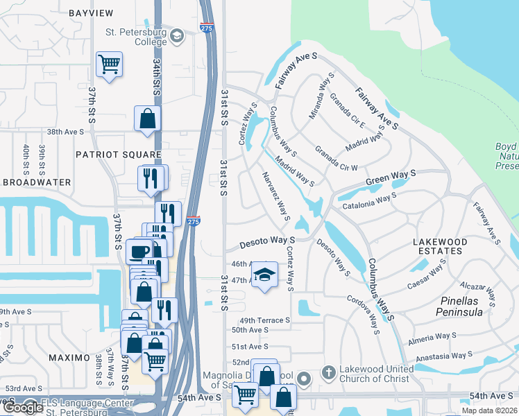 map of restaurants, bars, coffee shops, grocery stores, and more near 4225 Cortez Way South in St. Petersburg