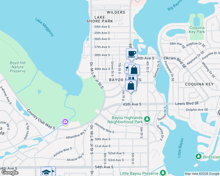 map of restaurants, bars, coffee shops, grocery stores, and more near 4310 Doctor Martin Luther King Junior Street South in St. Petersburg