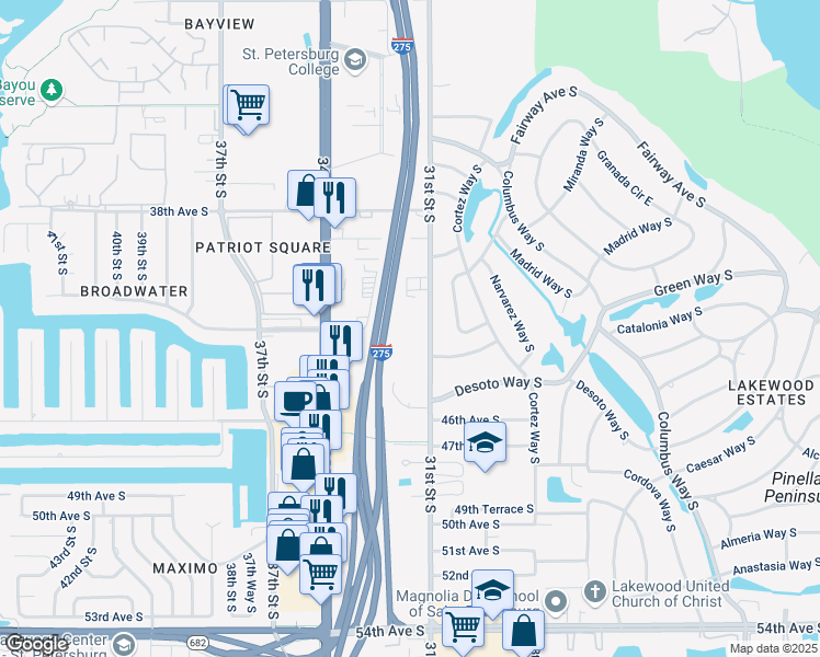 map of restaurants, bars, coffee shops, grocery stores, and more near 4301 31st Street South in St. Petersburg