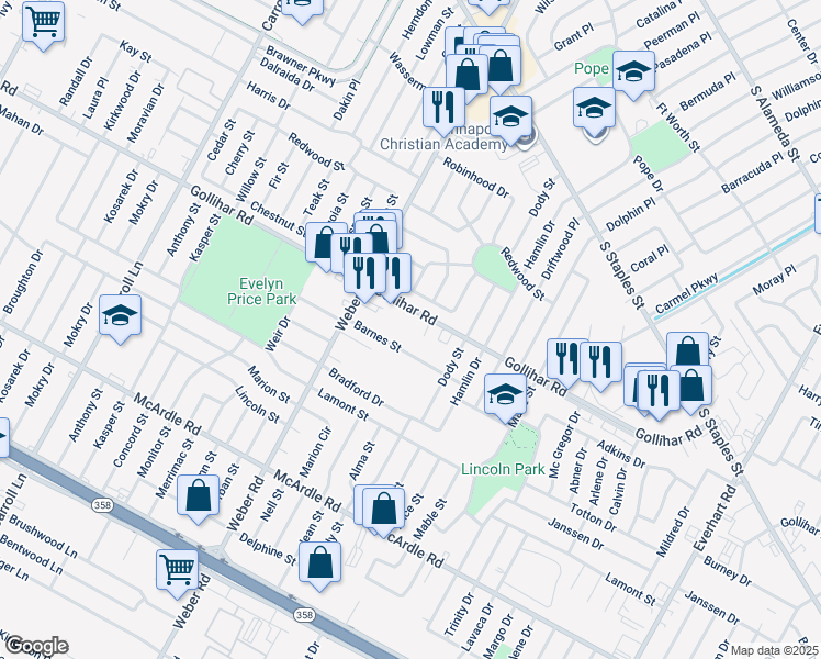 map of restaurants, bars, coffee shops, grocery stores, and more near 4122 Barnes Street in Corpus Christi
