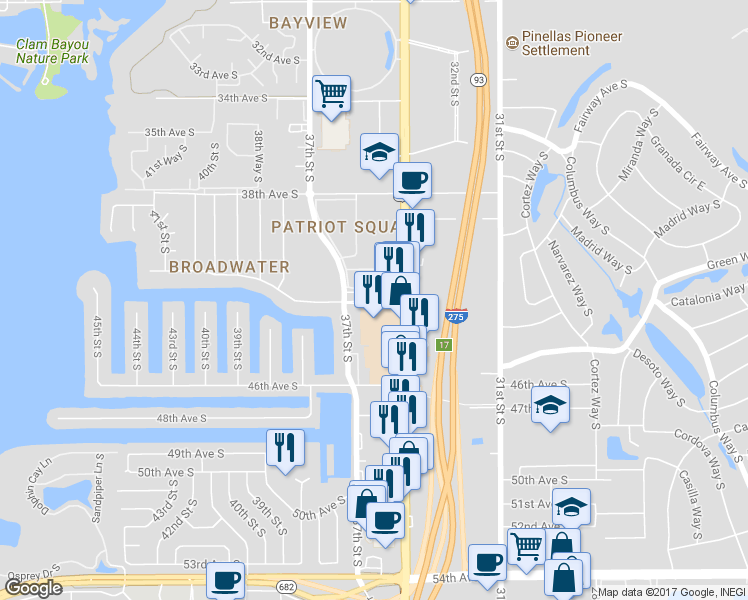 map of restaurants, bars, coffee shops, grocery stores, and more near 3551 42nd Avenue South in St. Petersburg