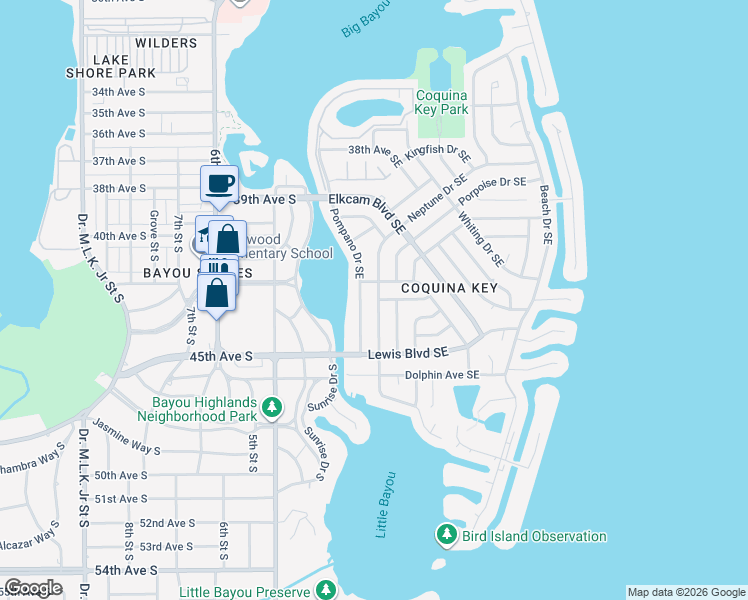 map of restaurants, bars, coffee shops, grocery stores, and more near 4339 Neptune Drive Southeast in Saint Petersburg