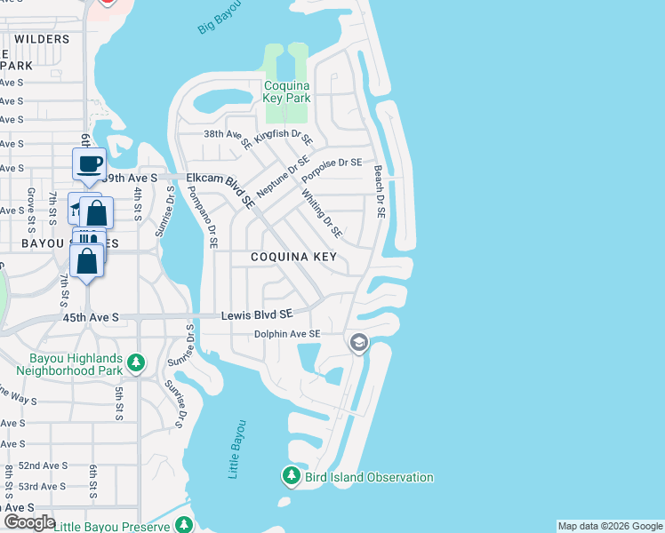 map of restaurants, bars, coffee shops, grocery stores, and more near 4348 Trout Drive Southeast in St. Petersburg