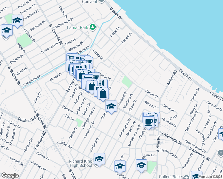 map of restaurants, bars, coffee shops, grocery stores, and more near 429 Eldon Drive in Corpus Christi