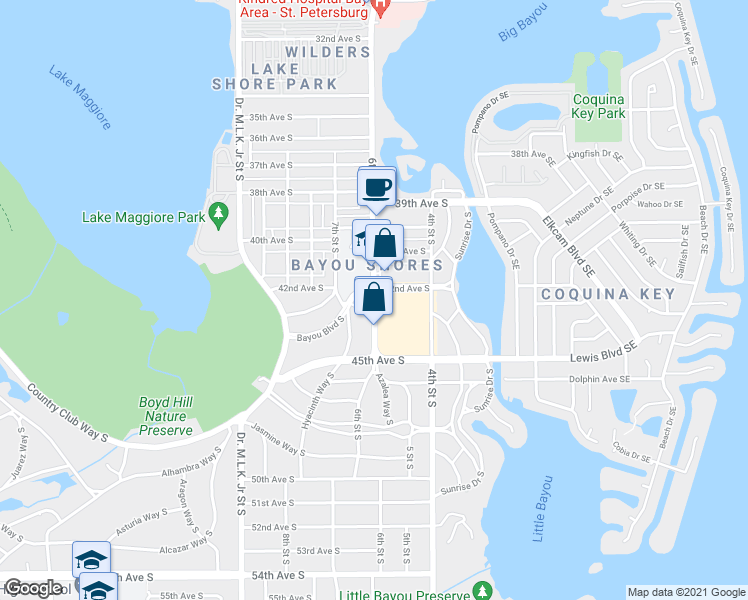 map of restaurants, bars, coffee shops, grocery stores, and more near 601 Bayou Boulevard South in St. Petersburg