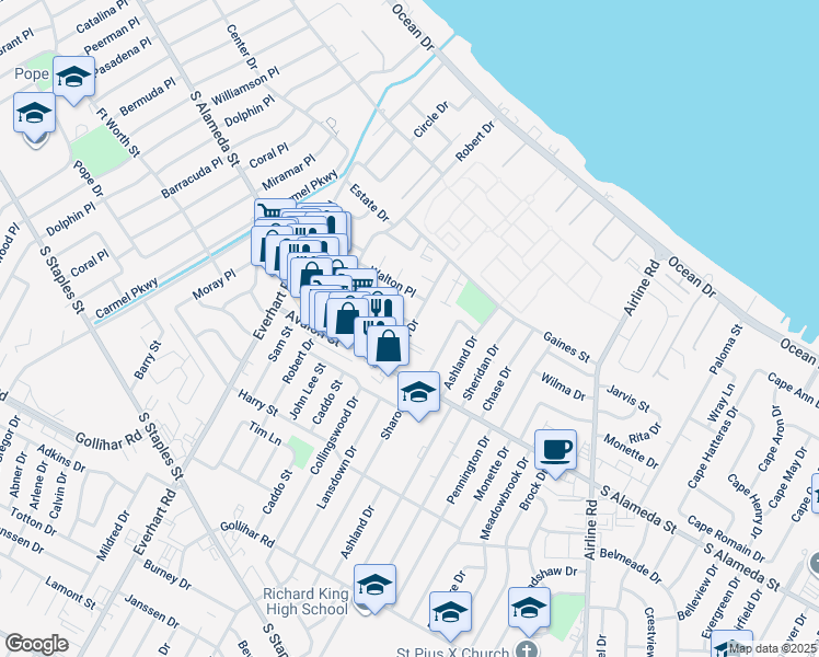 map of restaurants, bars, coffee shops, grocery stores, and more near 4350 Delano Drive in Corpus Christi