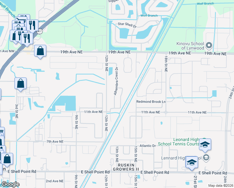 map of restaurants, bars, coffee shops, grocery stores, and more near 1310 Alhambra Crest Drive in Ruskin