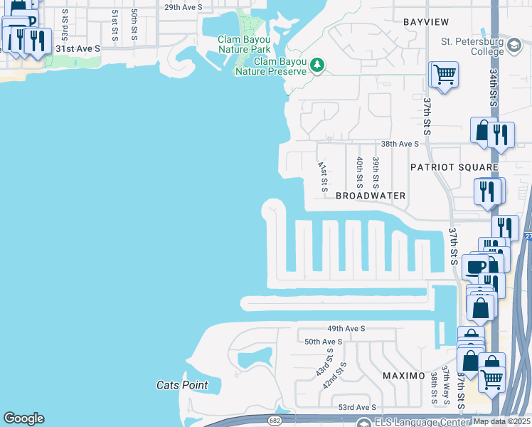 map of restaurants, bars, coffee shops, grocery stores, and more near 4221 45th Street South in St. Petersburg