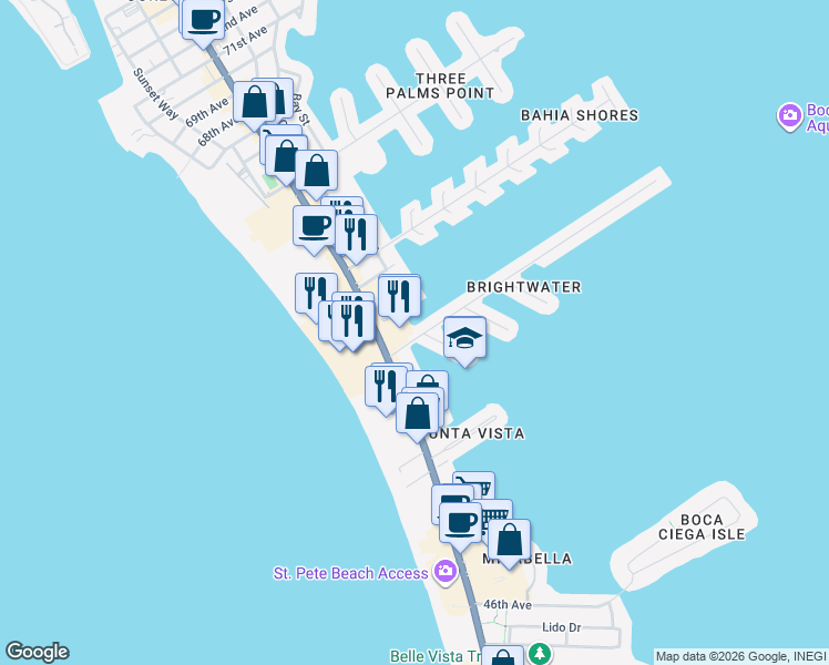 map of restaurants, bars, coffee shops, grocery stores, and more near 207 55th Avenue in St. Pete Beach