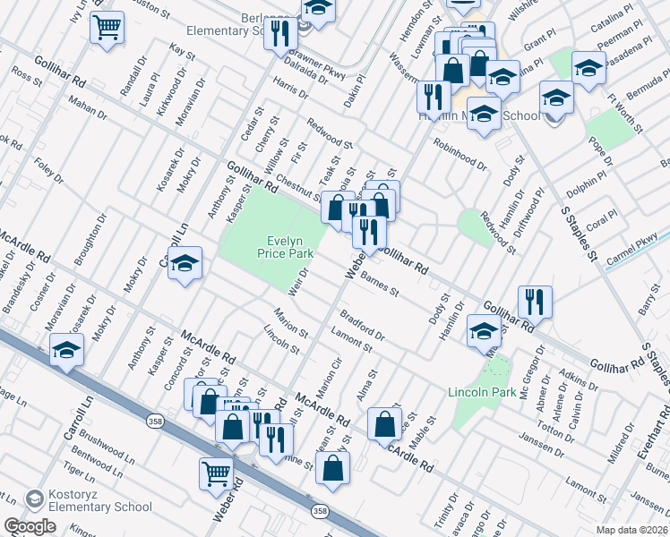 map of restaurants, bars, coffee shops, grocery stores, and more near 3905 Barnes Street in Corpus Christi