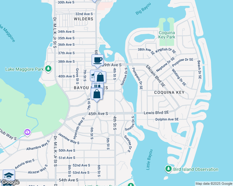 map of restaurants, bars, coffee shops, grocery stores, and more near 330 42nd Avenue South in St. Petersburg