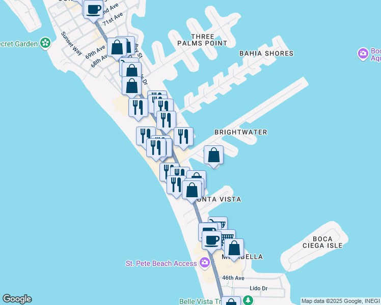 map of restaurants, bars, coffee shops, grocery stores, and more near 175 55th Avenue in Saint Pete Beach